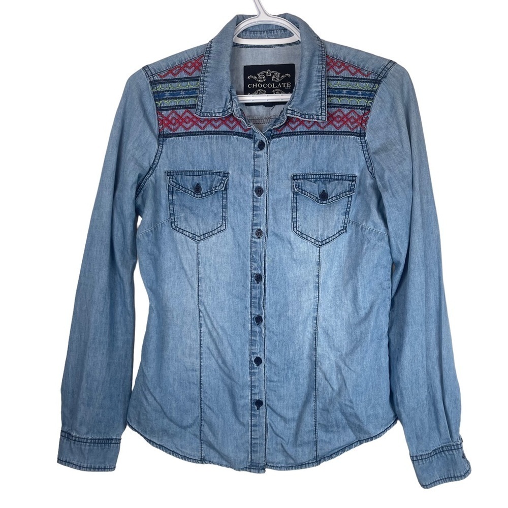 Chocolate Women’s Embroidered Long Sleeve Denim Casual Button Down Shirt Medium